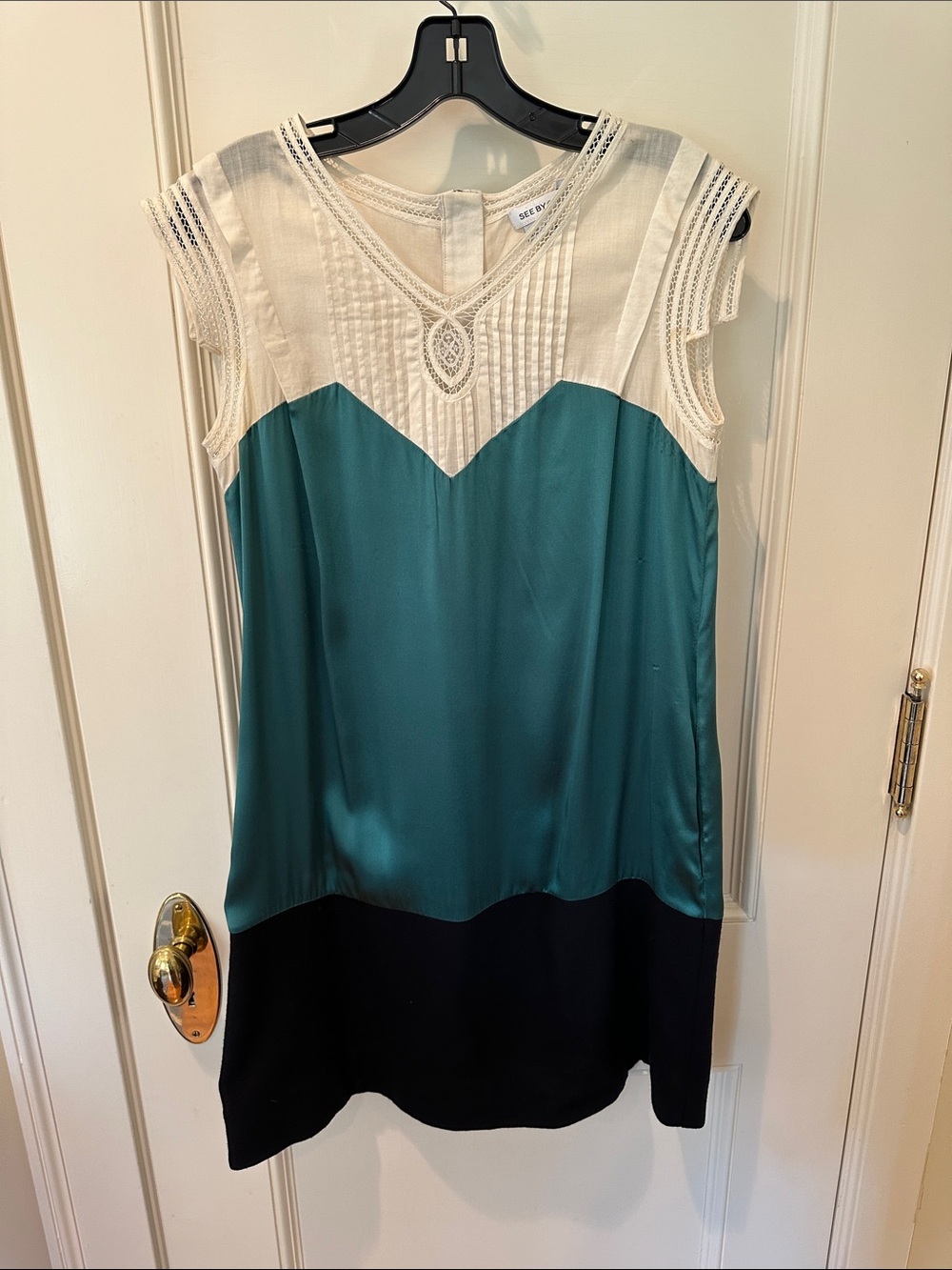 See by Chloe Ivory, Teal & Black Sleeveless Silk Shift Dress SZ 4